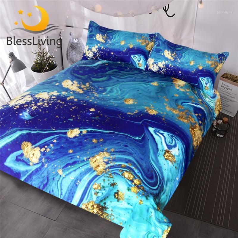 

BlessLiving Marble Bedding Set Queen Golden Blue Turquoise Duvet Cover Set Quicksand Bed Cover 3-Piece Vivid Art Bedspreads1