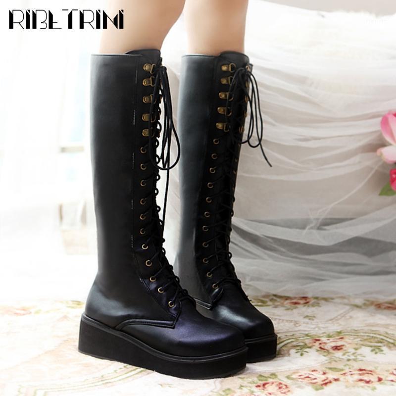 

RIBETRINI Hot Sale Female Boots Solid Lace Up Platform Solid Knee High Boots Women Stylish Winter Warm Plush Shoes Woman1, Black short plush
