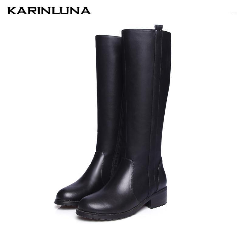 

Karin New Large Sizes 33-44 Genuine Leather Fashion Square Heels Winter Shoes Knee High Cow Skin Riding Boots Women1, Black