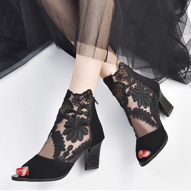 

2020 summer peep toe sandals lace female boots high heel sexy sandalias mujer embroider gladiator sandals women big size 41 42, Black