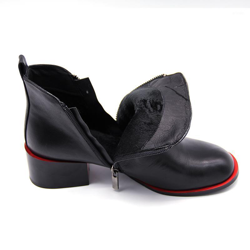 

INS hot women's ankle boots 22.5-25.5 cm length Women Genuine Leather Round Toe zipper Classic wild plus velvet winter boots1, Black