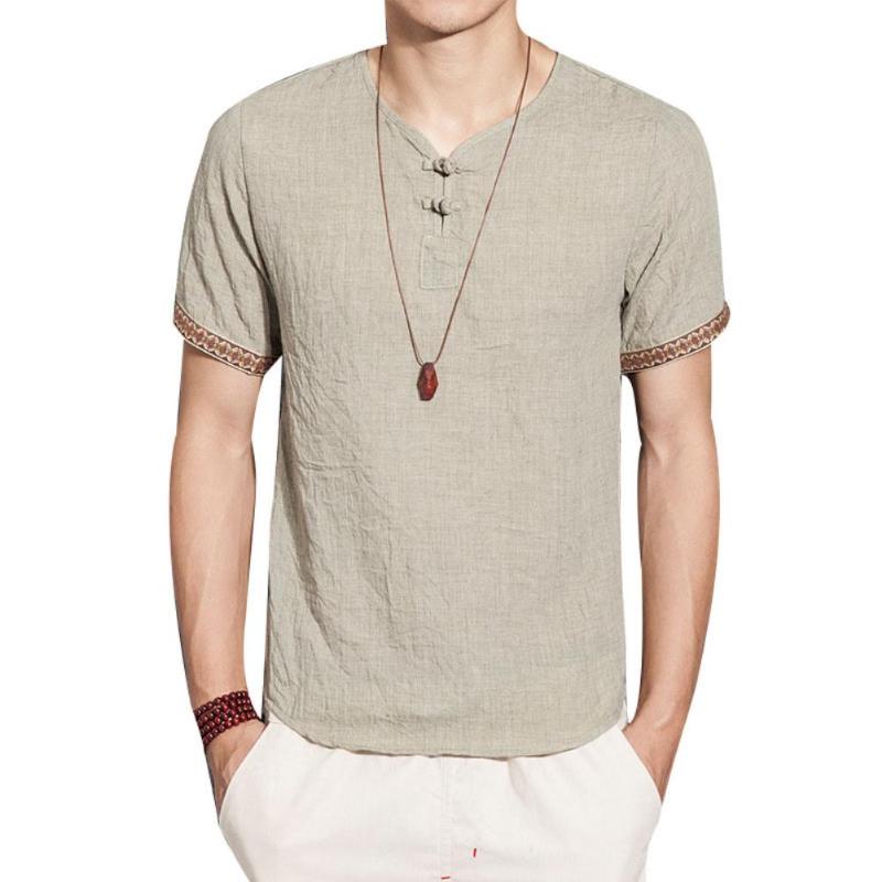 

2020 Fashion Solid Color Chinese Style Men Summer Cotton Linen Short Sleeve Loose Top, Black