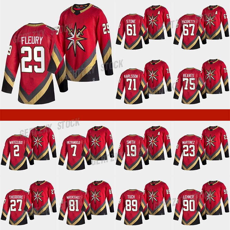 

Vegas Golden Knights 2021 Reverse Retro Jersey 61 Mark Stone 29 Marc-Andre Fleury 71Karlsson 7 Pietrangelo 75 Reaves 90 Lehner Hockey Jersey, Red