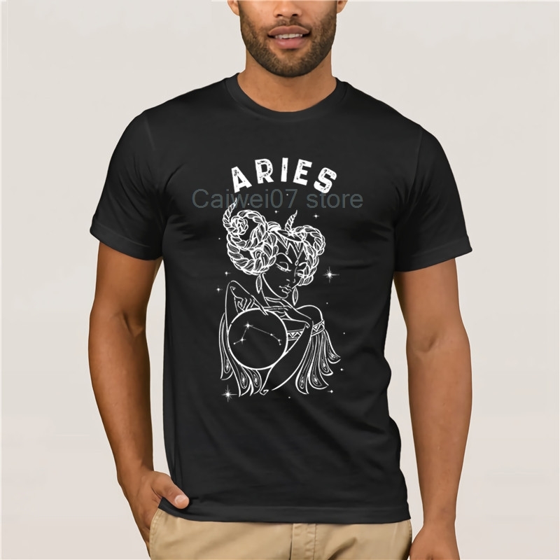 

Printed T-shirt crew neck casual Aries Girl Zodiac Sign personality Men' Cool Short-Sleeve T-Shirt 1118, Black
