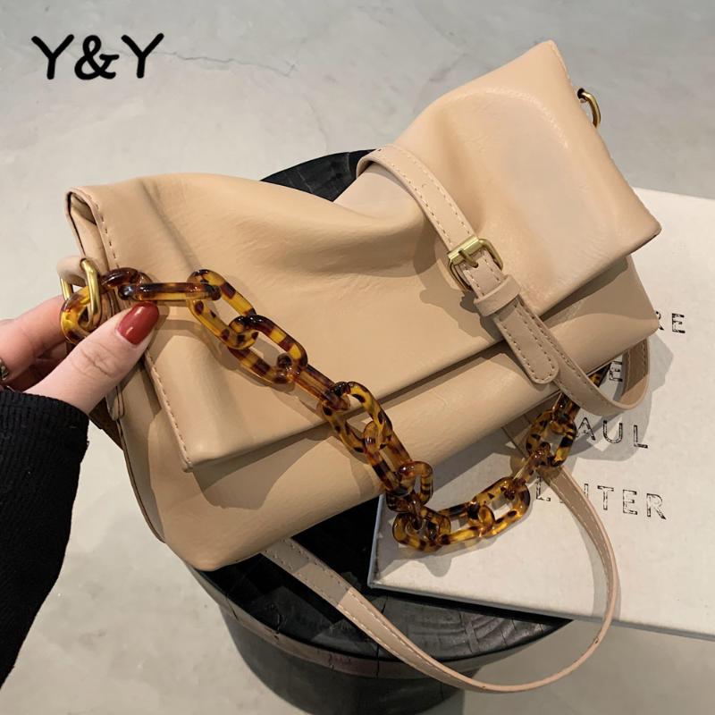 

Y&Y Fashion Chains Women Shoulder Bags PU Casual Female Messenger Bag Large Simple Handbag Flod Over Bags Crossbody, Black