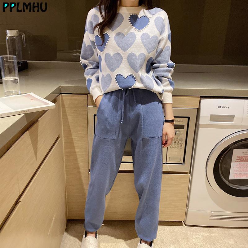 

Fashion Love printed knitted two peice suit women long sleeve sweater tops and solid colors casual pants female korean suit, Blue