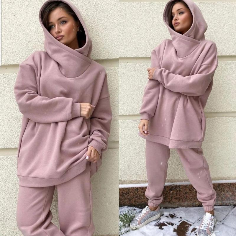 

Women's Two Piece Pants Winter Fleece Tracksuit Women Thick Warm Hooded Turtleneck Sweatshirts Jogger Set Casual Oversized Hoodies Suit, White