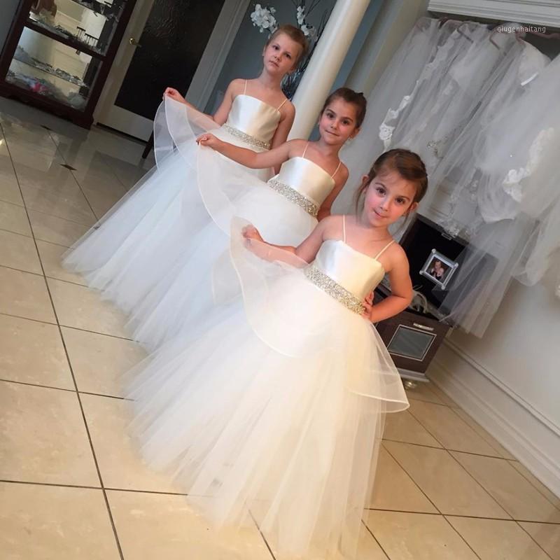 

Flower Girl Dresses White Spaghetti Straps Beaded Sashes Tulle Sweep Train Lovely Simple Style first communion dresses for girls1, Pink
