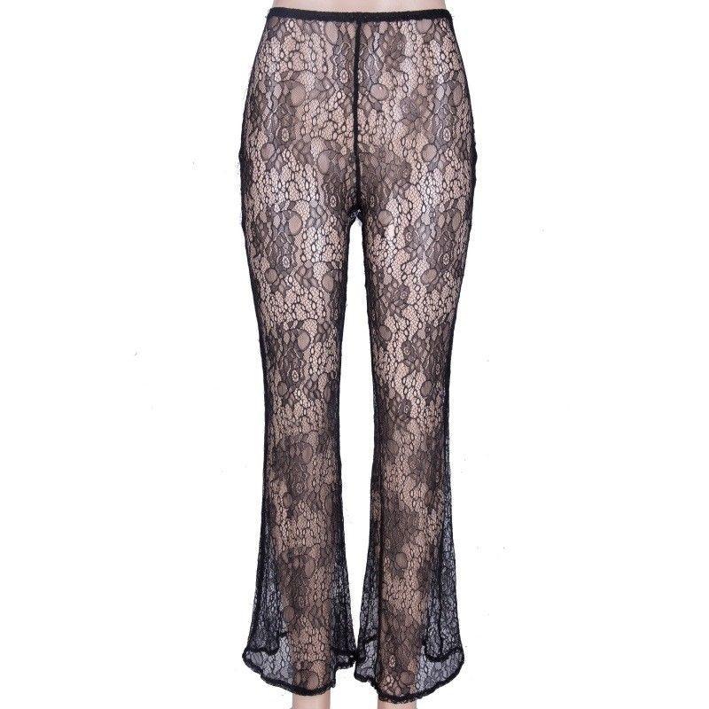 

Sexy Women Lace See Through High Waist Flared Trouser Beach Summer Holiday Loose Casual Solid Mesh Pants Regular Size, Black