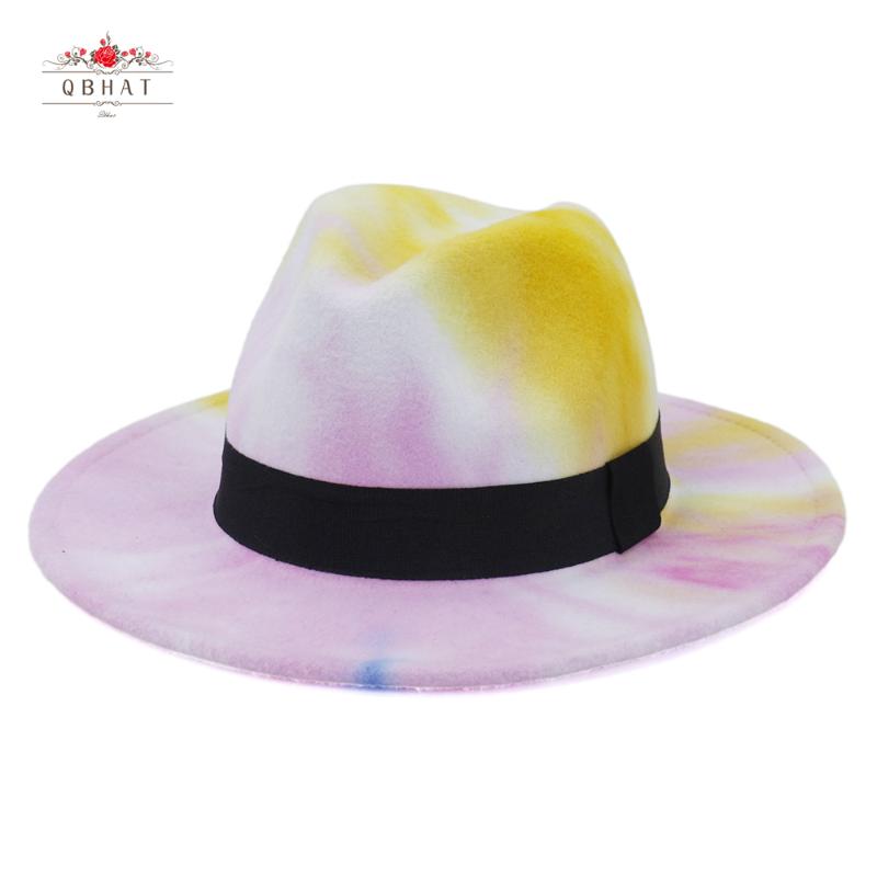 

QBHAT Men Women Tie-dyed Felt Jazz Fedora Hat with Black Ribbon Band Wide Brim Fascinator Multicolor Panama Party Formal Hat, Red