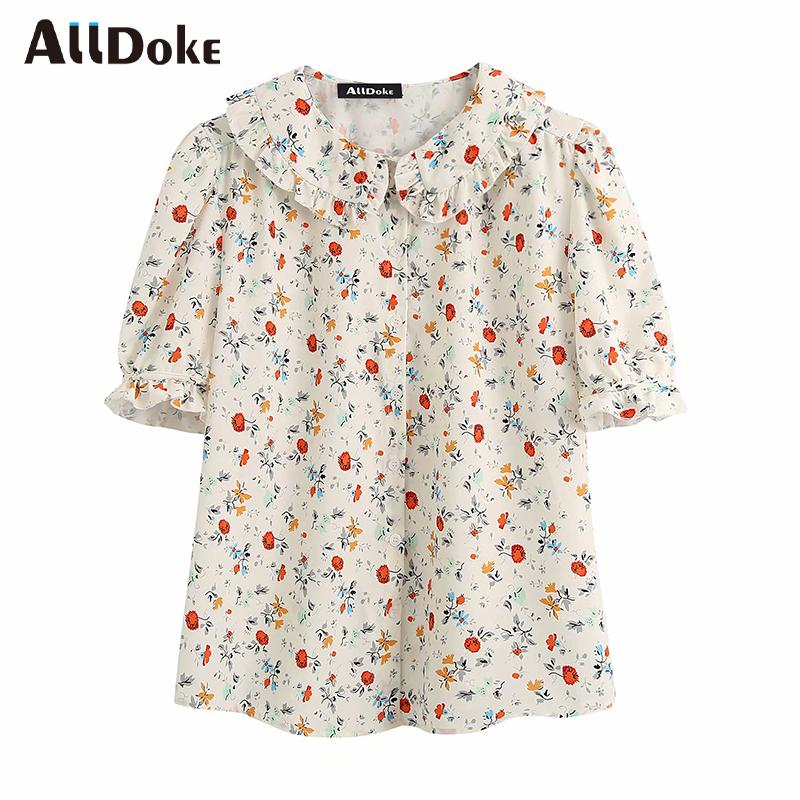 

ALLDOKE floral print vintage women blouse summer turn down collar short sleeve tops shirt ladies casual blouses blusas femme, Beige