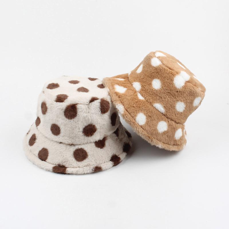 

Women Hat Faux Fur Bucket Fluffy Polka Dots Hats Wide Brim Sunbonnet Caps Autumn Winter Casual Cap, White
