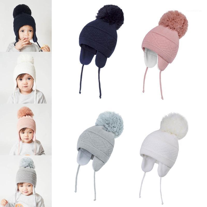 

1Pc Toddler Baby Cute Top Plush Ball Beanie Autumn Winter Warm Solid Color Knitted Hat Earflap Children Ear Protection Cap1, White
