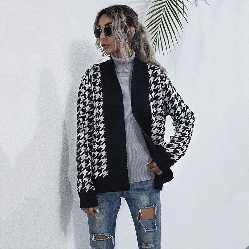 

2020 Autumn Houndstooth Print Loose Knitwear Coat Women Loose Lace Up V-neck Outwear Ladies Patchwork Cardigans Sweaters, Black