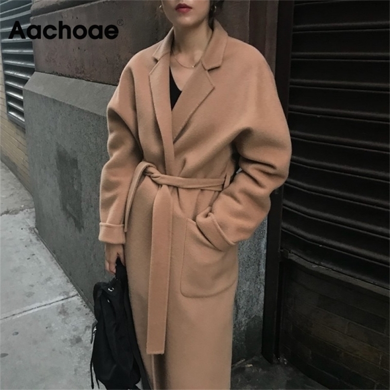 Aachoae Lady Solid Long Wool Coat Batwing Long Sleeve Elegant Office Jacket Female Turn Down Collar Casual Coat Women 201218Z