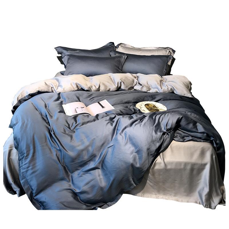 

Double-sided Tencel bedding set simple solid color matching embroidery four-piece duvet cover 1.8M Bed linens home, As picture show