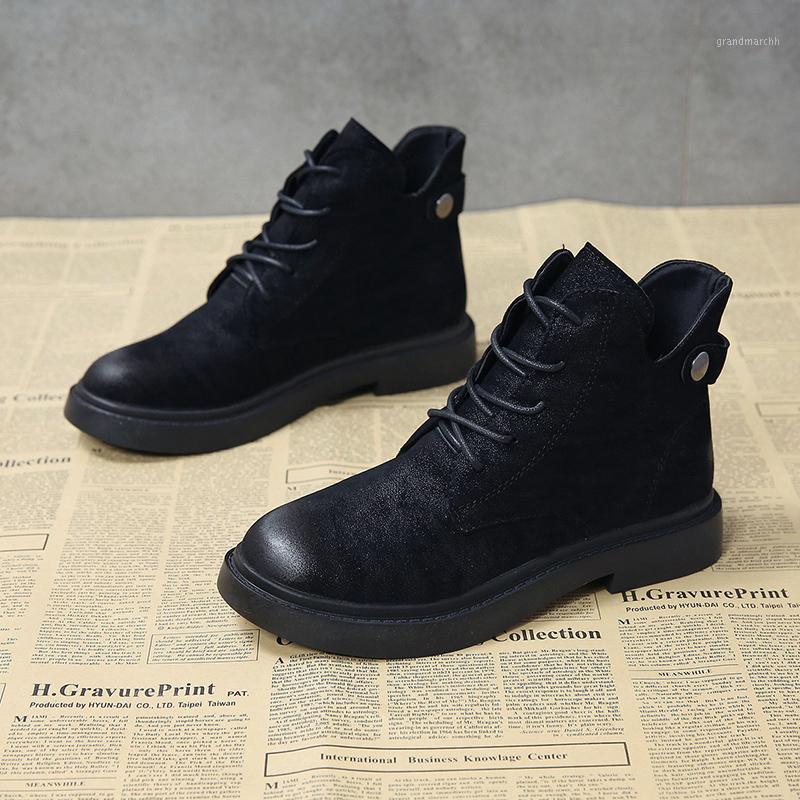

Size 35-40 2020 New Autumn Vintage Ankle Women's Boots Fashionable Lace Up Shoes Woman Flat Heels LAdies Soft Consice Boot1, Black