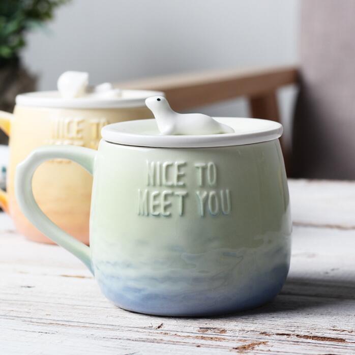 

"Nice to meet you" Mugs With Cover Creative Ceramic Coffee Breakfast Milk Water Mug Porcelain Cup Home Drinkware Glasses Gift, 01