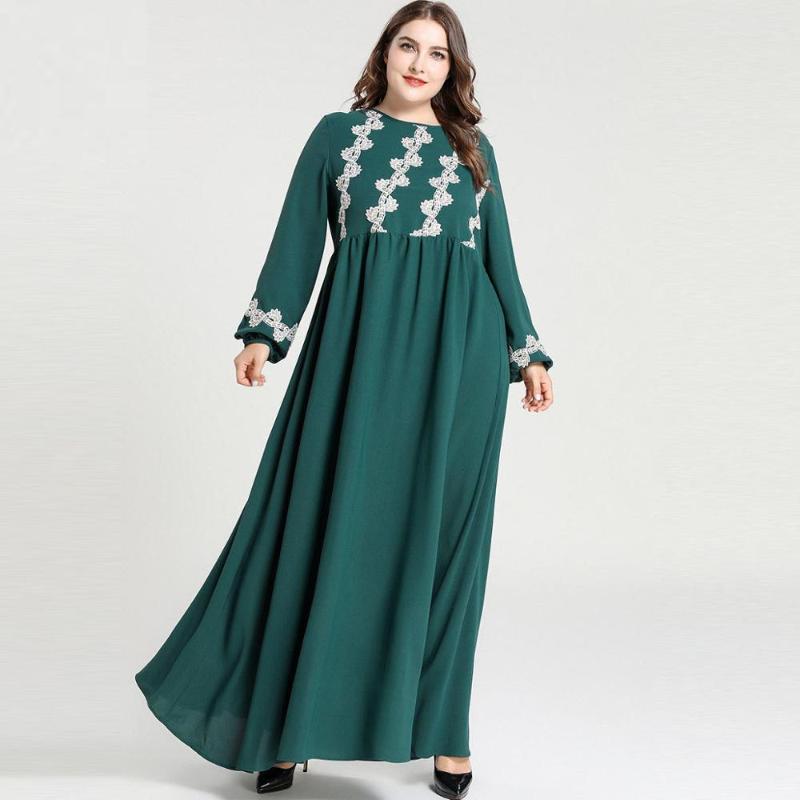 

2021 Long Sleeve Maxi Long Dress Appliques High Waist Pleated Full Length Dresses Vestidos Party Robe Muslim Abayas for Women