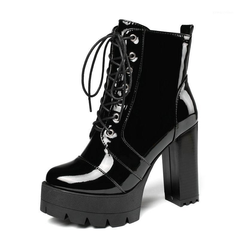 

2020 Women Boots Fashion Platform Square High Heel Ankle Boots Patent Leather Autumn Winter Plush Woman1, Black