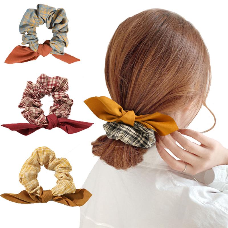 

2020 New Bow Hair Scrunchies Plaid Women Elastic Hair Rope Ponytail Holder Tie Rubber Bands Accessories