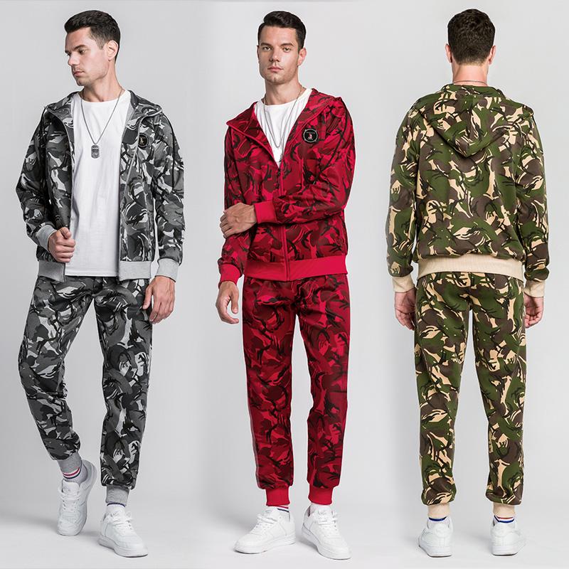 

2pcs Men's Camouflage Sport Suit Casual Sport Running Set Tracksuit Jogging Hoodies Jacket Sportswear Workout Clothing Trousers, Gray