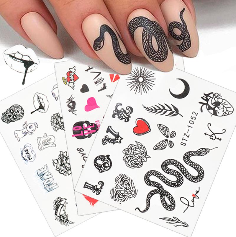 

4pcs Black Snake Nail Sticker Love Letter Sexy Lip Slider Nail Art Water Transfer Decal Tattoo DIY Manicure Decor TRSTZ1050-1065, Stz1050-1053