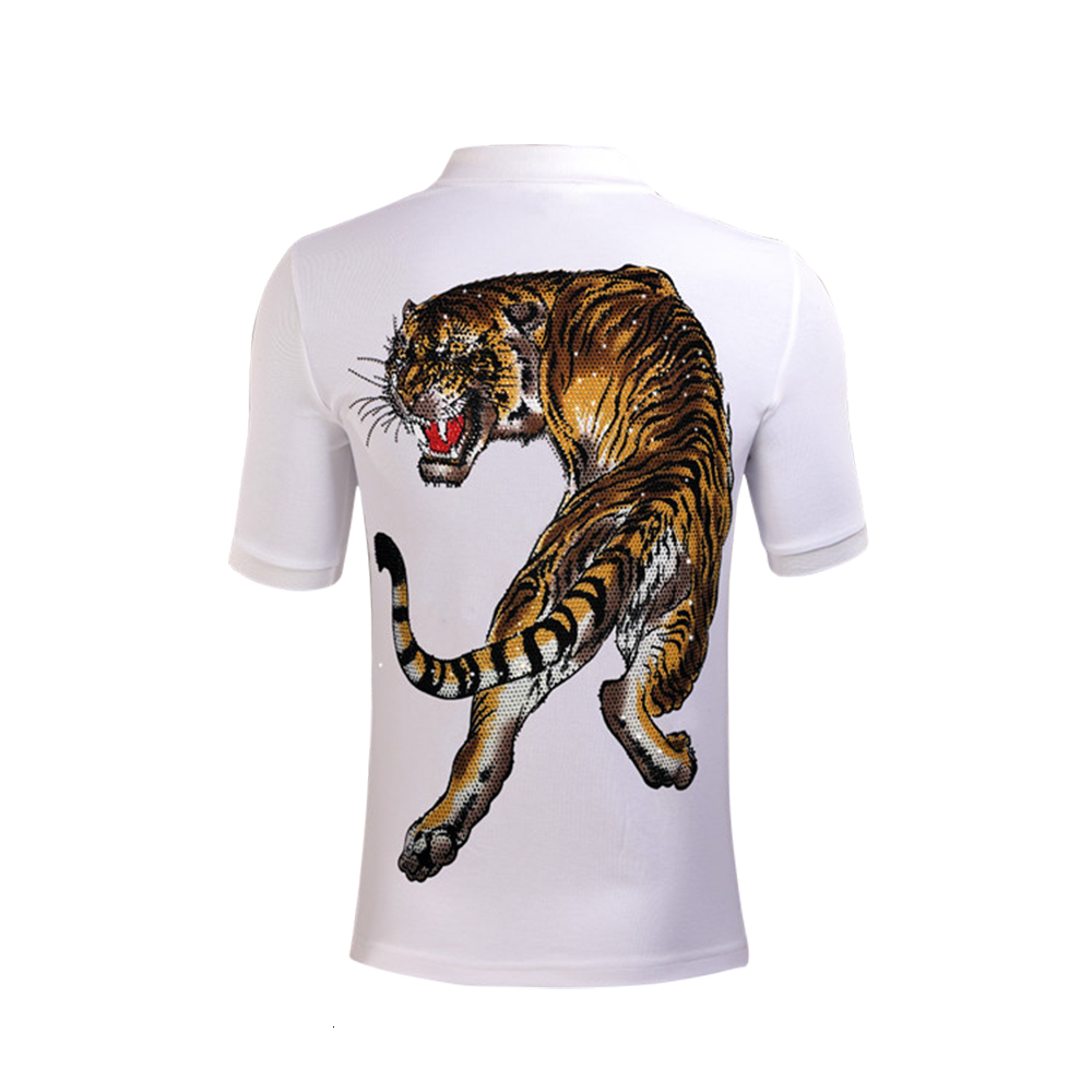 

Men Punk Casual Rhinestone Colorful Tiger Male Shirt Short Sleeve High Quality Pure Cotton Polo Ku2e, Green