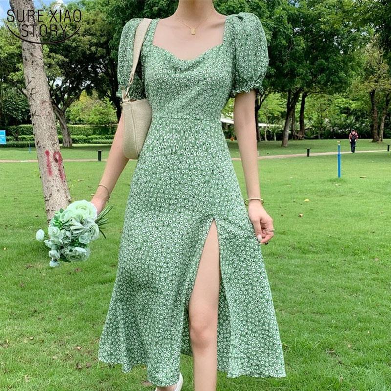 

Casual Dresses French Summer Floral Bohemia Dress Women Square Collar Split Long Sexy Elegant Beach Boho 14548, Black;gray