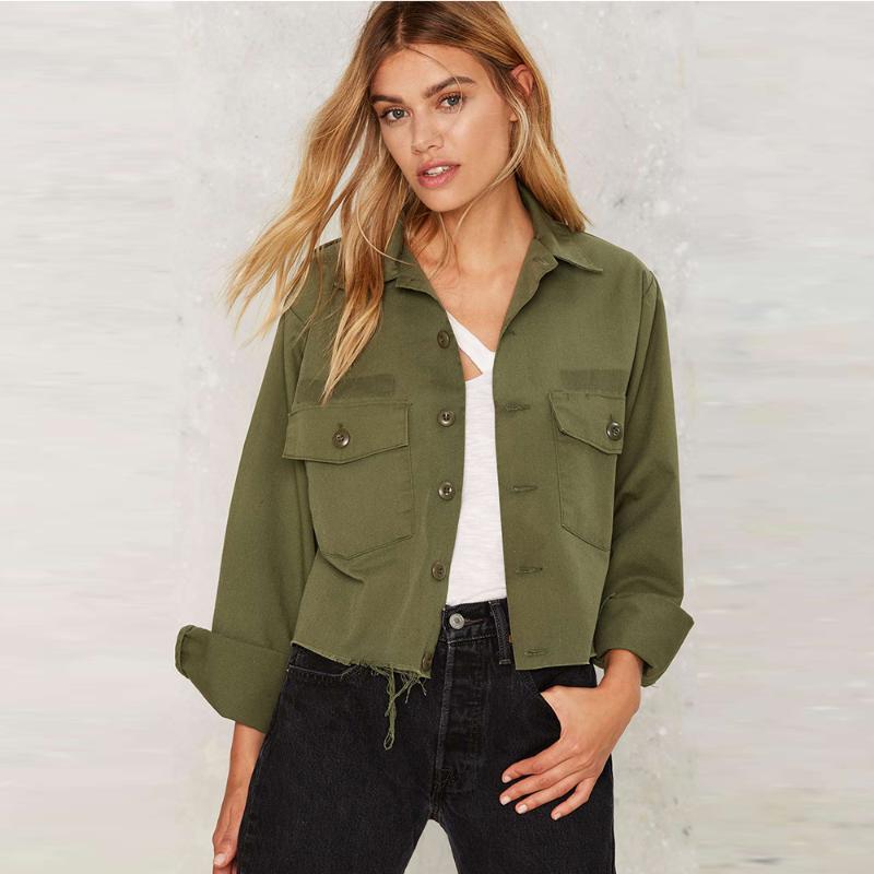 

Safari Style Women Thin Coat Turn-down Collar Green White Female Street Outwear Top, Black