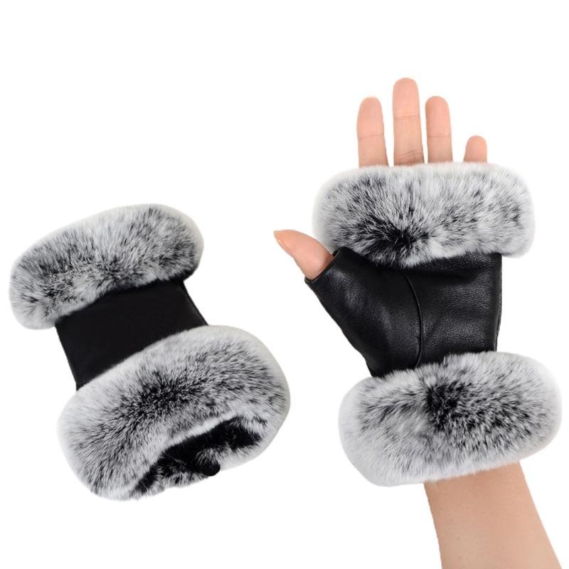 

Women Imitation Leather Driving Half Finger Gloves with Fluffy Plush Trim Winter Thermal Plush Lining Fingerless Mittens Hand Wa