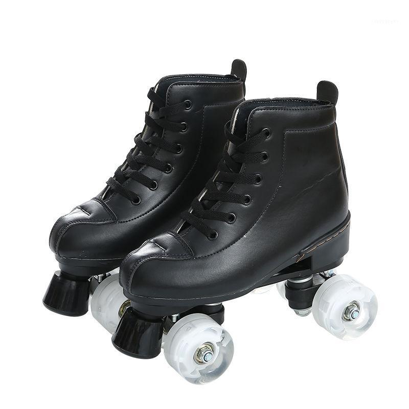 

Artificial Leather Roller Skates Double Line Skates Women Men Adult Two Line Skating Shoes Patines With White PU 4 Wheels1, Black