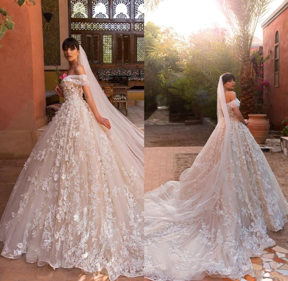 

2022 Vintage Designer Wedding Dresses Off the Shoulder Full 3D Flowers Backless Court Train Custom Made Bridal Gowns CG001, White