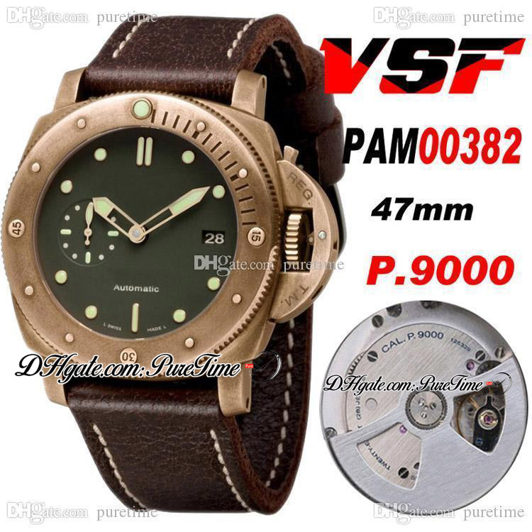 

VSF V2 VS382 P.9000 P9000 Automatic Mens Watch Real Brushed Bronzo Case Green Dial VS00382 Super Edition Brown Distressed Calfskin PTPM Puretime