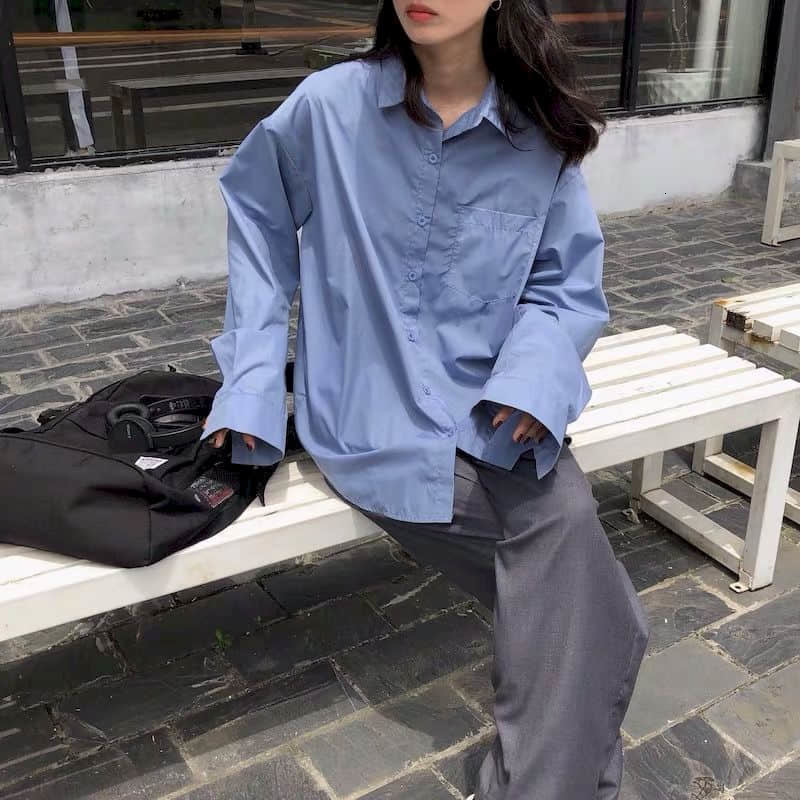 

2021 Spring/autumn Shirts Wome Blouses New Retro Wild Long-sleeved Shirt Student Korean Version Loose Solid Tops Jacket Trend Ffq0, Blue