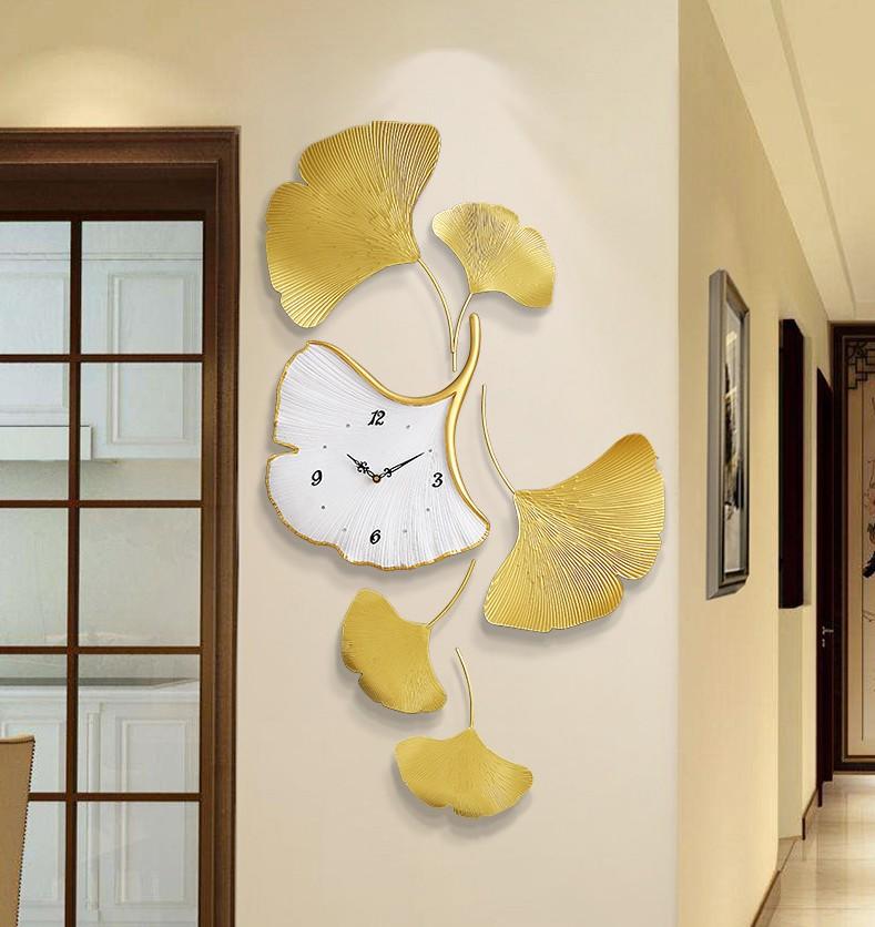 

Modern Luxury Metal Ginkgo Leaf Resin Wall Clock Ornaments Home Livingroom Wall Sticker Crafts Lobby Hotel Mural Decoration