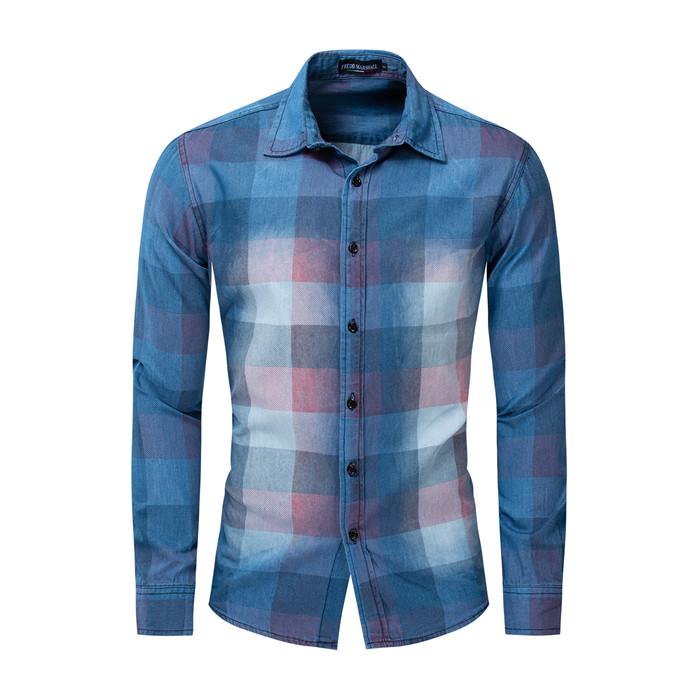 

Mens Long Sleeve Cotton Shirt Fashion Casual Printing Washed Denim Shirts Tops Male Camisa Masculina Euro Size -2XL,FM204, Fm204 blue