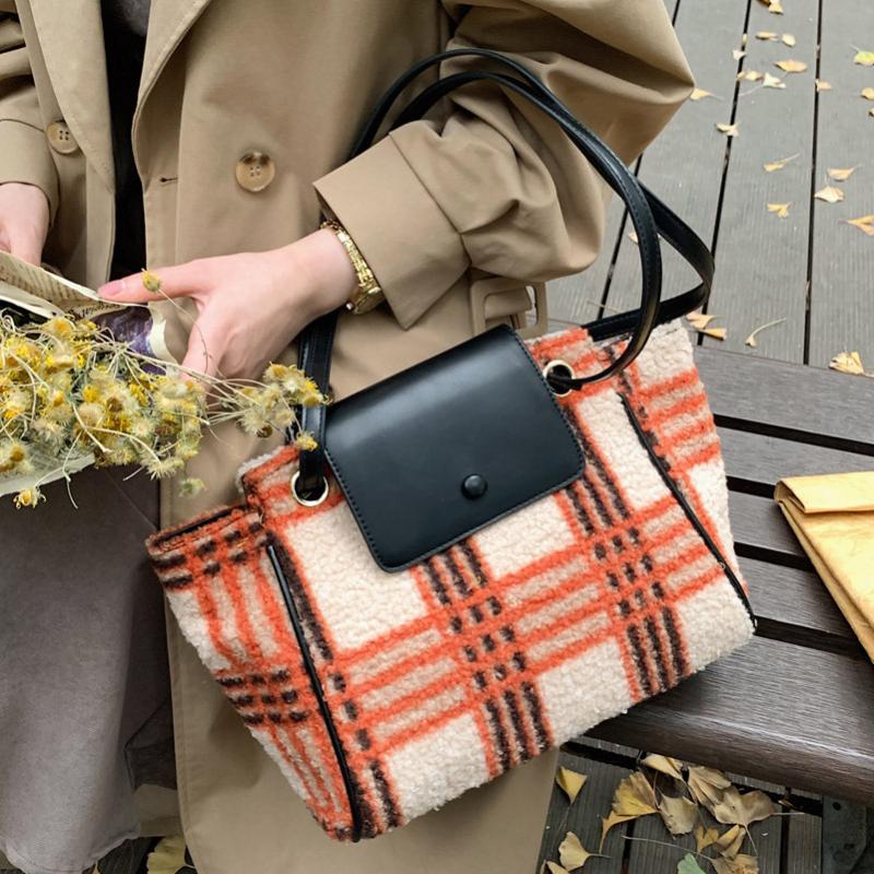 

Autumn And Winter Plush Shoulder Bags For Women High Capacity Luxury Handbags Women Bags Designer Underarm All-match Crossbody, Black-grid