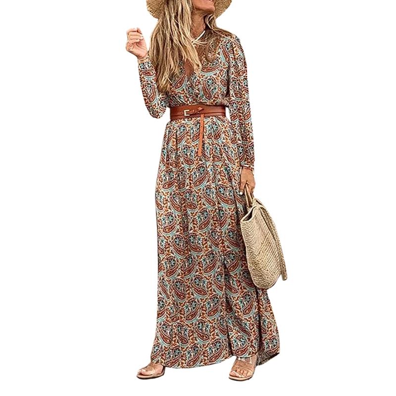 

Women Printed Long Dress Long Sleeve V-neck Floral Dress with Waistband Slim