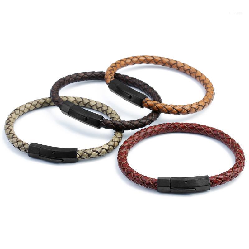 

Charm Bracelets Vintage Simple Stainless Steel Magnetic Clasps Charms Black Brown Round Braid Leather Bangles For Men Jewelry1