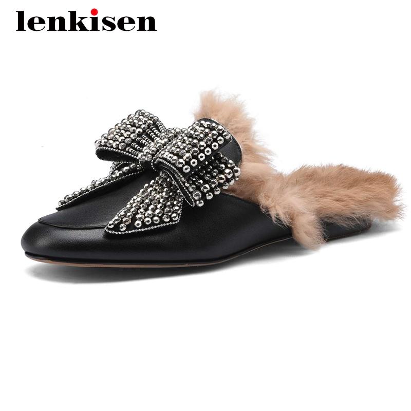 

Lenkisen autumn winter genuine leather butterfly-knot outside slipper round toe low heel slip on daily wear warm shoes women L60, Black