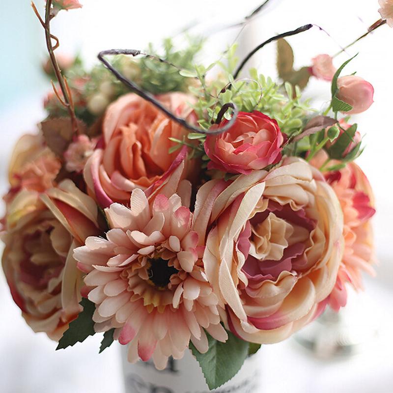 

28cm Artificial Rose Flower Bouquet For Wedding Marriage Supply Silk Real Touch Fake Flowers Home Garden Decoration Floral, Pink