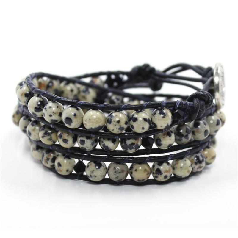 

Dalmatian Stone Beaded Wrap Bracelet for Women Men Faceted Sparkling Black Crystal Beads Charms Boho Bracelet Handmade Braided