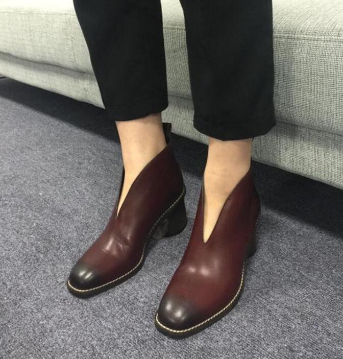 

2020 Spring New Fashioin Red Brown Leather Women Ankle Boots Deep V Front Slip On Knight Boots 6cm High Heel Size 41, Black