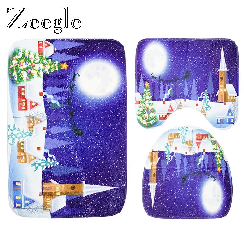 

3PCS Christmas Bath Mat Anti Slip Toilet Seat Cover Mat Absorbent Toilet Carpet Floor Bathroom Carpet Set