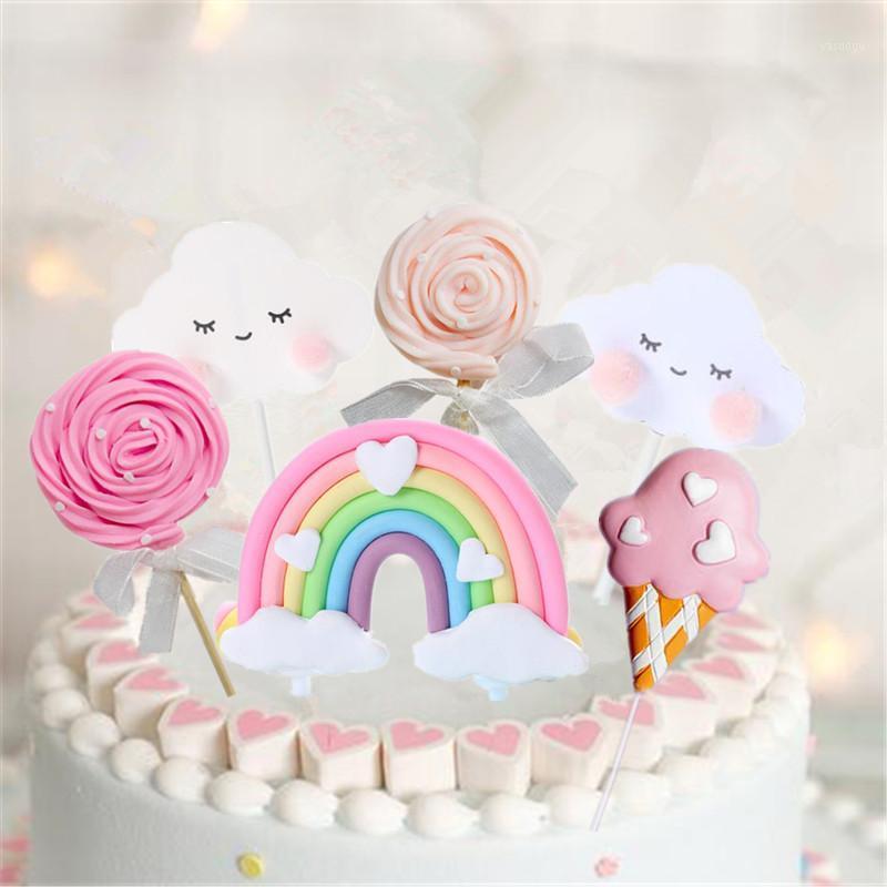 

Rainbow Cake Topper Lollipop Birthday Wedding Cake Flags Cloud Balloon flag Birthday Party Baking Decoration Supplies1