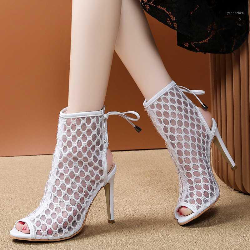 

Sandals Rimocy 2021 Summer Ladies Cool Boots Sexy Stiletto High Heels Breathable Mesh Peep Toe Women Lace Up Party Shoes Woman1, White