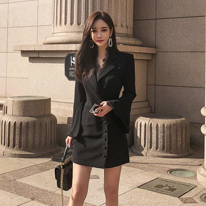 

Autumn Women New Fashion Business single-breasted Blazer Work Dress Formal Lace Patchwork Notched Collar Bodycon Slim, Black