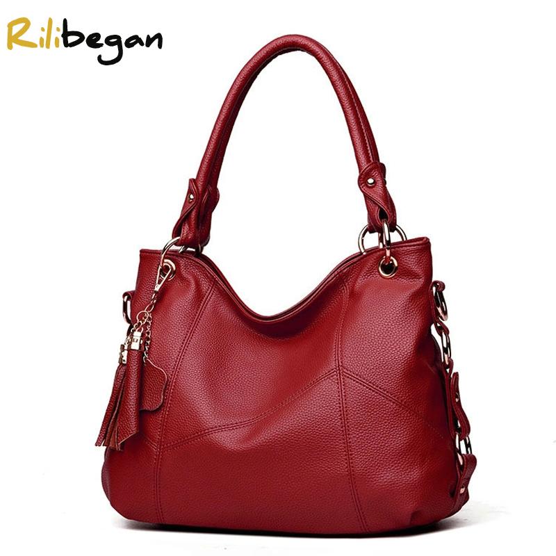 

Fashion Leather PU Shoulder Bag Women Tassel Style Women Handbag Casual Soft Handle Crossbody Bag Vintage Ladies Tote, Red