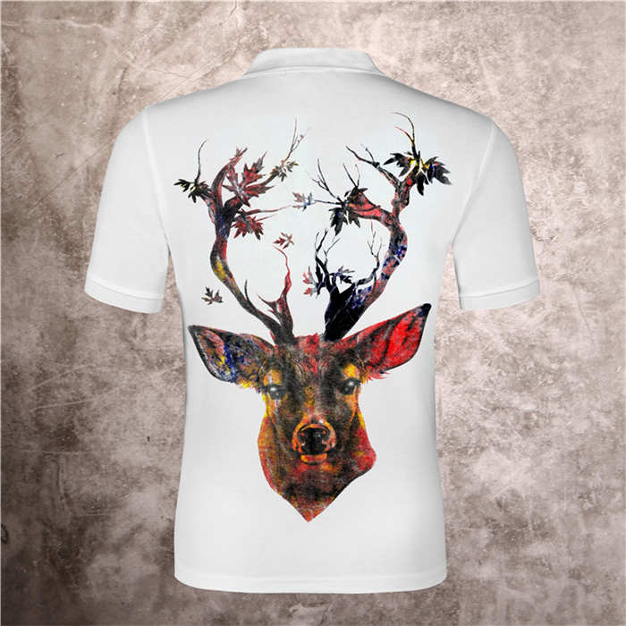 

Wholesale summer new men print Lapel short sleeve shirt personality elk slim fit men's Polo Shirt, White